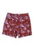 The Wild Rye Womens Freda 7 Inch Short in red features a white line-drawn turtle and leaf pattern, abrasion-resistant fabric, front pockets, visible stitching, and UPF 50 protection. Displayed flat on a white background.