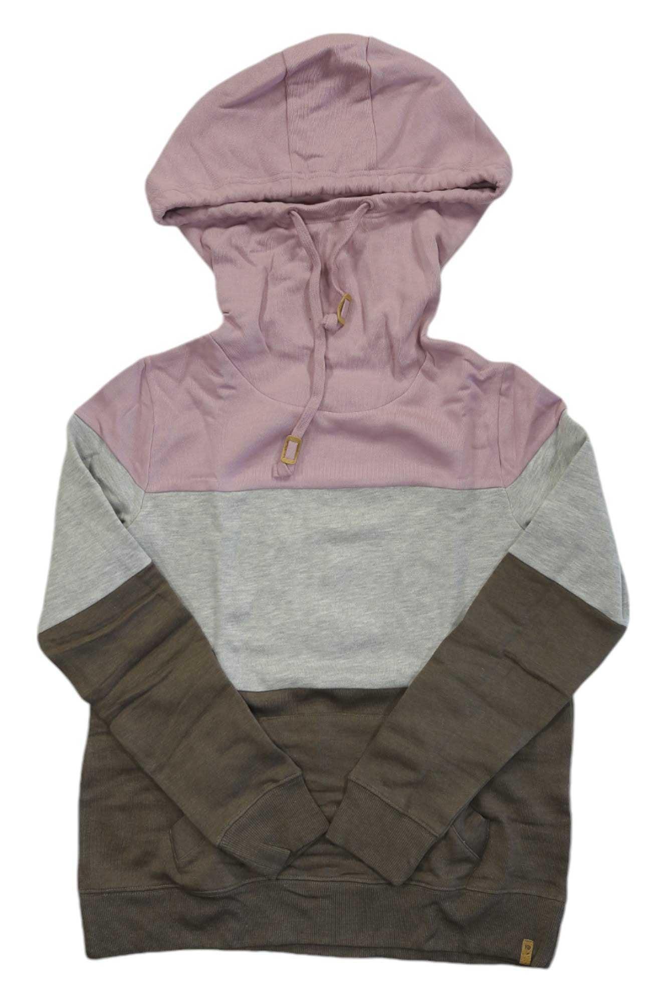 The Tentree Womens Treefleece Blocked Banshee Hoodie features a drawstring hood, organic cotton fabric, and three color-blocked sections: light pink on top, light gray in the middle, and dark brown on the bottom and sleeves.