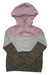 The Tentree Womens Treefleece Blocked Banshee Hoodie features a drawstring hood, organic cotton fabric, and three color-blocked sections: light pink on top, light gray in the middle, and dark brown on the bottom and sleeves.