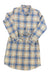 The Toad & Co Womens Re-Form Flannel Shirt Dress is a blue, beige, and orange plaid long-sleeve shirt dress, knee-length with a button-down front, collar, chest pocket, and matching waist tie—ideal for stylish travel.
