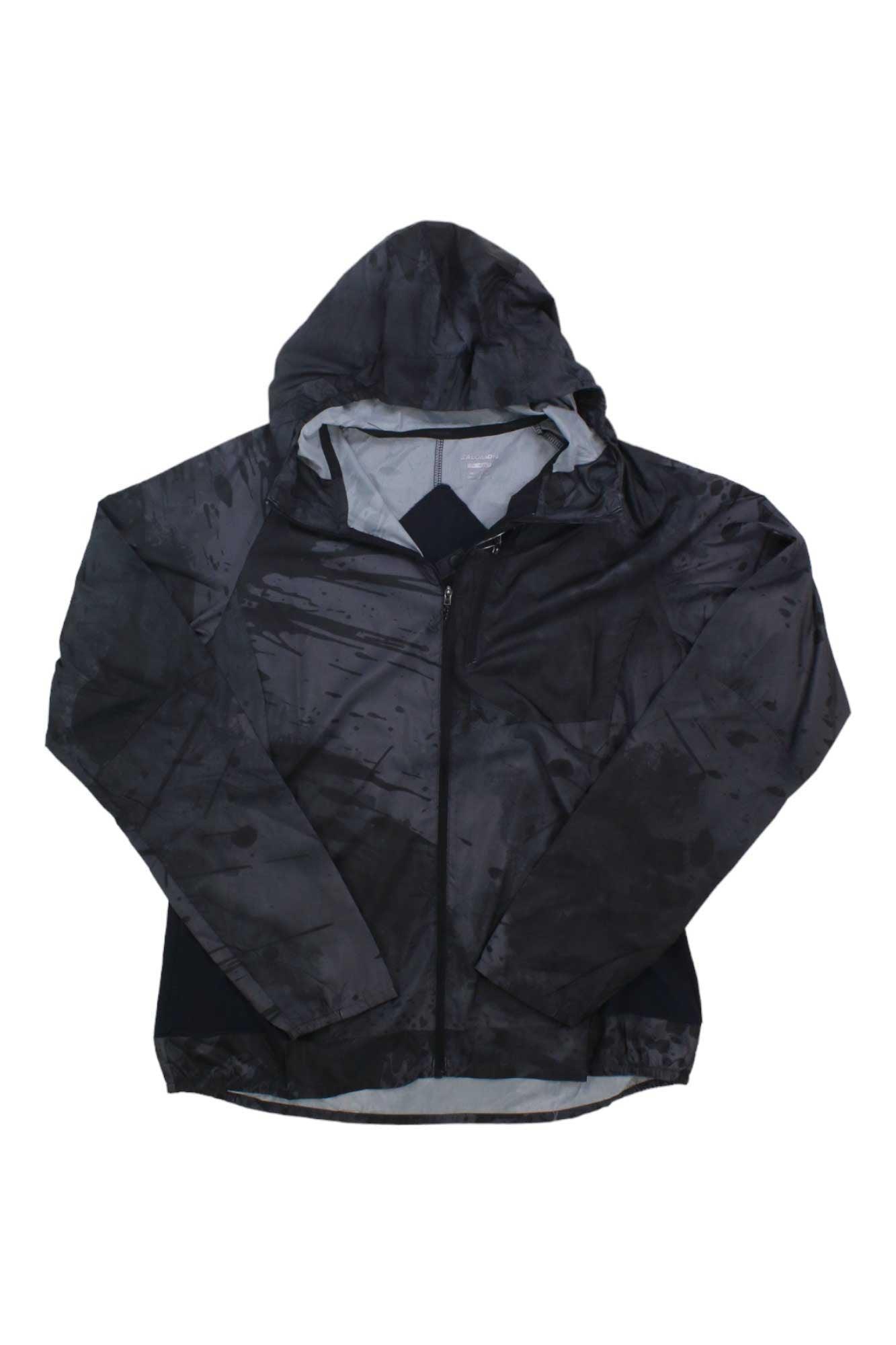 A black Salomon Womens Bonatti Cross Full Zip Hoodie with a hood and long sleeves, shown flat on white. It has a zip-up front and a slightly shiny, water-resistant finish for breathable protection in any weather.
