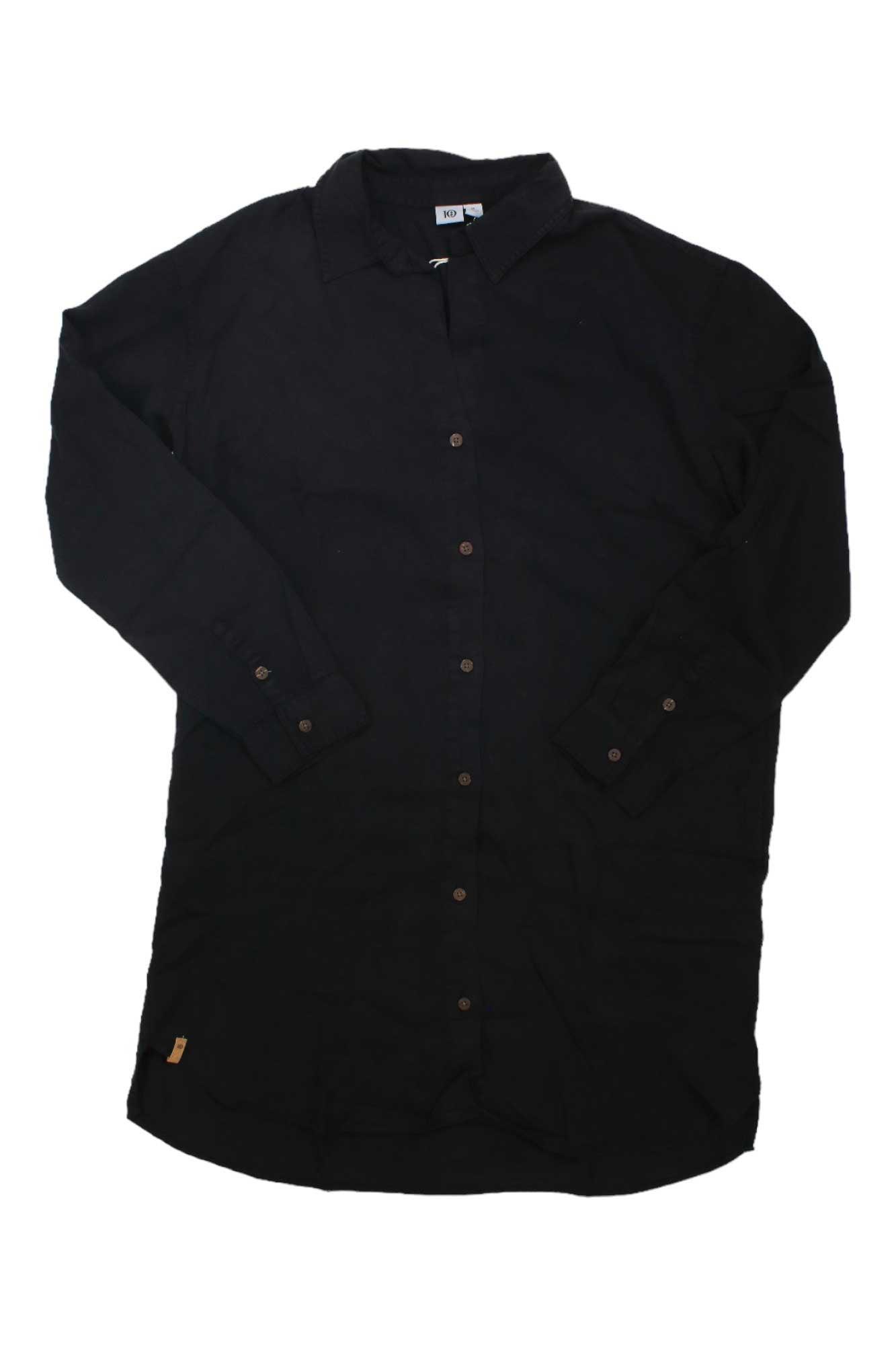 The Tentree Womens Oversized Shirt Dress is a black, long-sleeve, button-front dress made from soft TENCEL Lyocell. It features a collared neckline, cuffed sleeves with buttons, and a small tag near the hem. Shown laid flat on white.