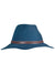 The Sunday Afternoons Women's Tessa Hat is a blue wool fedora with a wide brim, brown leather band, and UPF 50+ sun protection, displayed against a white background.