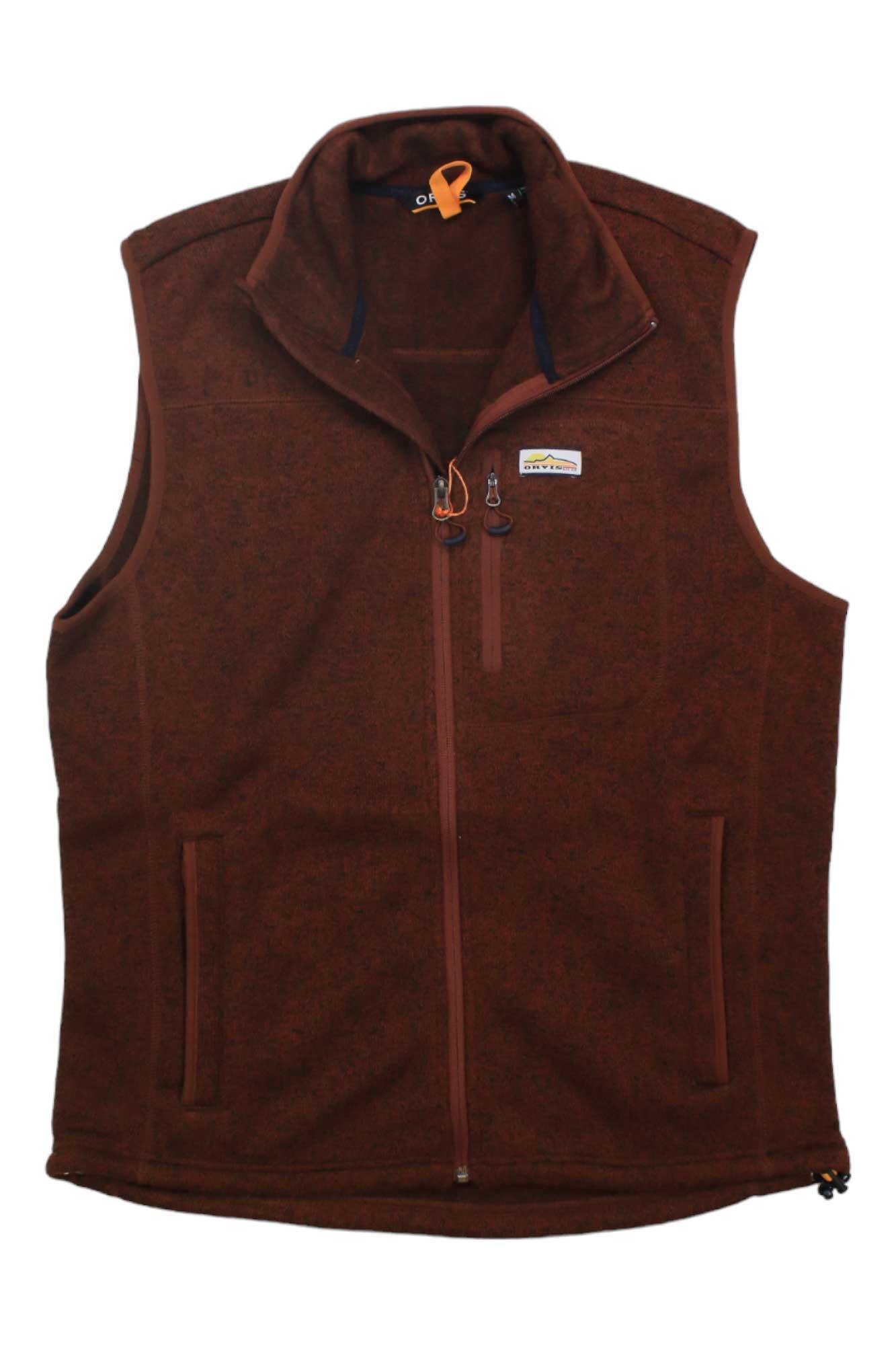 The Orvis Mens Recycled Sweater Fleece Vest features a zip-front, two zippered side pockets, stand-up collar, and chest logo patch—an eco-friendly brown vest ideal for layering comfort and outdoor style.