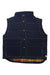 The Toad & Co Women's Forester Pass Vest is a sleeveless, navy blue, water-resistant vest featuring white stitching, front snap buttons, two large front pockets, and a visible yellow and red plaid lining at the hem.