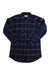 The Fjallraven Womens Ovik Twill LS Shirt is a navy plaid flannel button-up with a white check pattern, two chest flap pockets, and buttoned cuffs. Displayed flat on a white background.