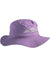 The Outdoor Research Kids Helios Sun Hat is a light purple, wide-brim sun hat with visible stitching and a subtle mountain design on the side, made from quick-drying fabric for all-day outdoor comfort.