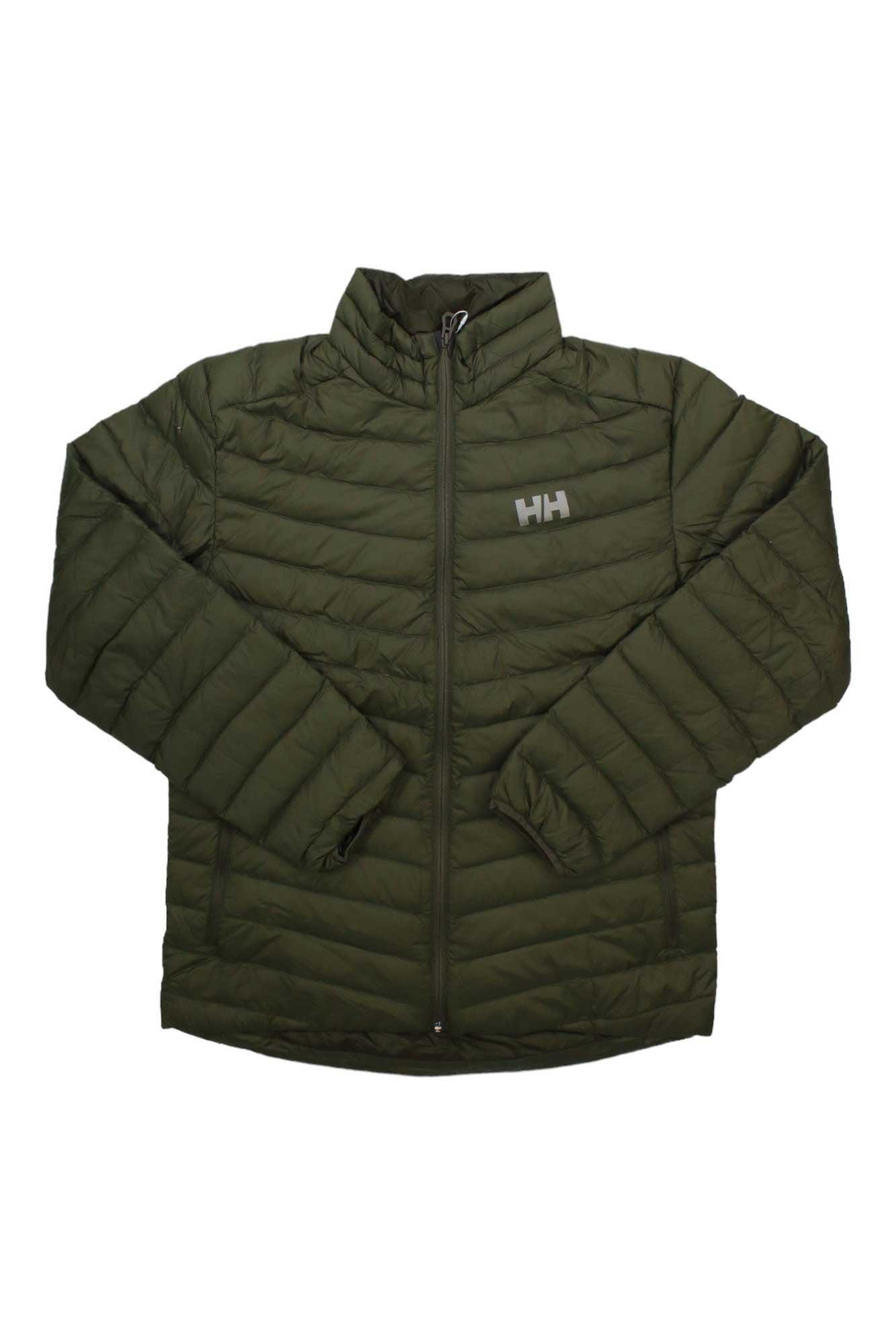 The Helly Hansen Men's Verglas Down Insulator Jacket in olive green features 700 fill power down, a front zipper, long sleeves, a high collar, and an HH logo on the upper left chest.