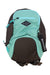The Sherpani Women's Vespa Backpack has aqua blue and brown panels, a front zip pocket, RFID-protected storage, the diamond Sherpani logo, a black keychain tag with white text, and is crafted from recycled materials.