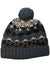 The Sherpa Lahan Hat is a cozy knitted wool beanie with a pom-pom, gray base, and white, brown, and black geometric patterns. It has a folded brim with a small brown patch on the front for added style.