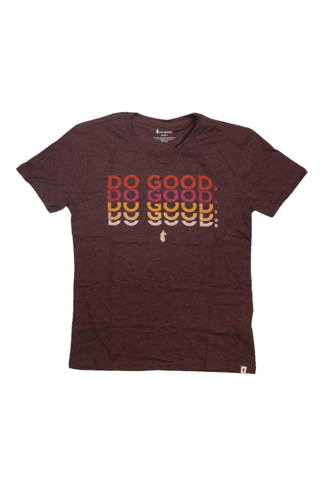 The Cotopaxi Womens Do Good Repeat T-Shirt is a maroon organic cotton tee with “DO GOOD.” printed four times across the chest in bold, colorful letters fading from red to yellow—a sustainable, vibrant choice for outdoor adventures.