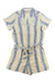 The Toad & Co Women's Camp Cove SS Romper is a short-sleeve, button-up style with a collar, front pocket, waist tie, and vertical blue, beige, and white stripes in organic cotton.