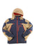 The Spyder Mens Leader Jacket in navy blue and tan features red zippers and accents, Primaloft Silver Eco insulation, a chest logo, and two large zippered front pockets. Stay warm and dry with this waterproof ski jacket.