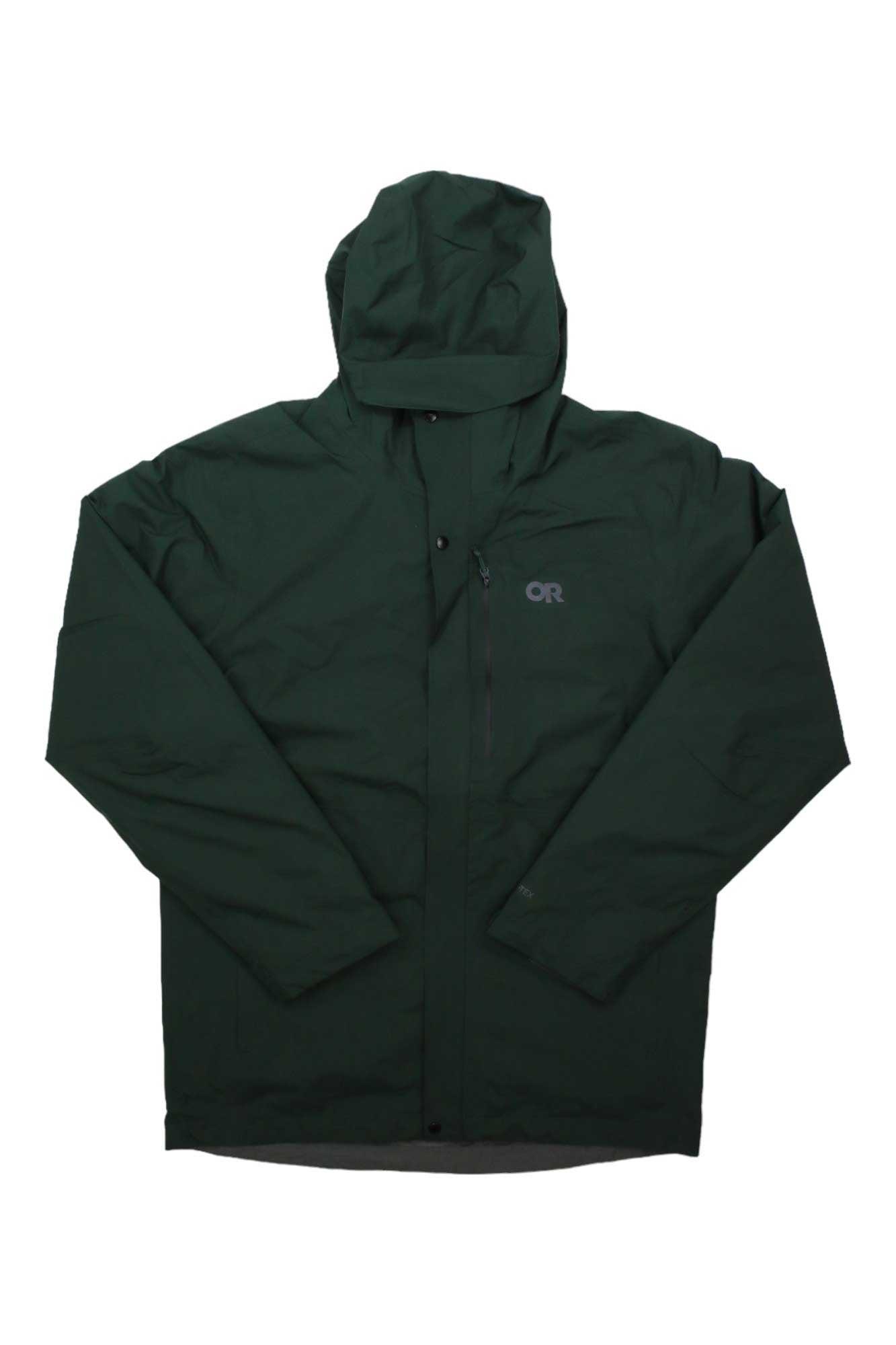 The Outdoor Research Men's Foray 3-In-1 Parka is a dark green waterproof insulated jacket with a hood, long sleeves, front zipper, and a small OR logo on the left chest. It is laid flat against a white background.