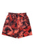 The Under Armour Boys' Woven Printed Short in red and black tie-dye features a relaxed fit, quick-drying fabric, and side pockets, shown flat against a white background.