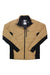 A tan and black Spyder Mens Glissade Hybrid Insulator Jacket featuring a front zipper, high collar, black side panels and sleeves, PrimaLoft Silver Eco Insulation for warmth, and the Spyder logo on the left chest.