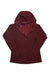 A maroon Rab Womens Nexus Hoody, shown flat on a white background, features long sleeves, a front zipper, side pockets, an under-helmet hood, and is made from recycled polyester fleece. The hoody is fully unzipped for display.