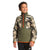 A smiling child wears The North Face Youth Printed Glacier 1/4 Zip Top, a green and tan camo fleece with orange accents made from recycled polyester, paired with black pants, standing against a white background.