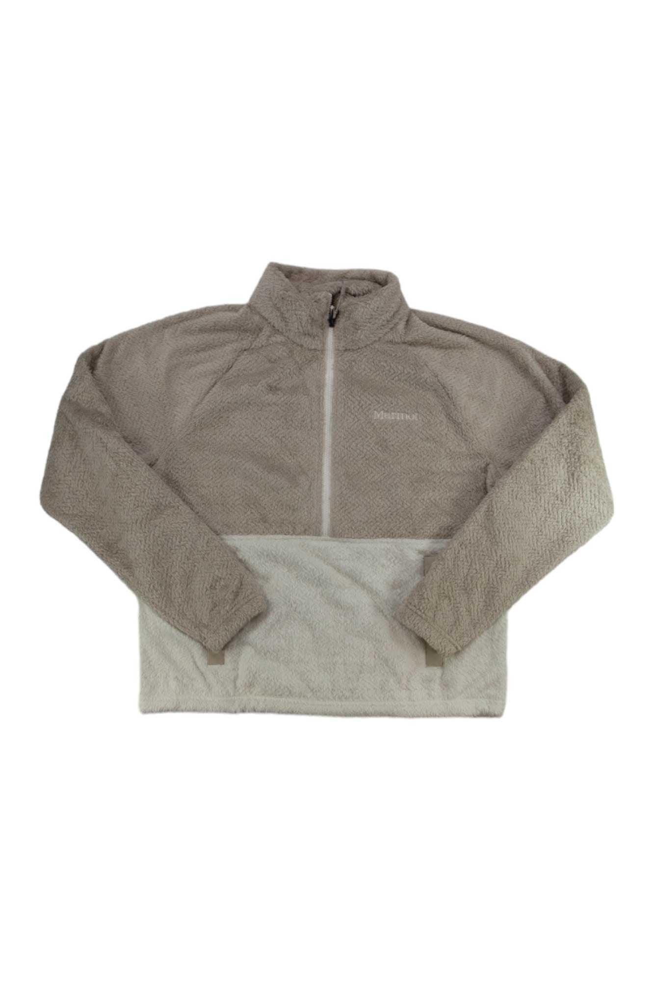 A beige and light brown Womens Homestead Sherpa 1/2-Zip Fleece pullover with long sleeves, ideal as an outdoor layer, is laid flat on a white background.