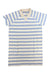 The Toad & Co Women's Yerba Rugby SS Dress is a short-sleeved, knee-length organic cotton dress with light blue and white horizontal stripes and a beige collar, shown laid flat on a white background.