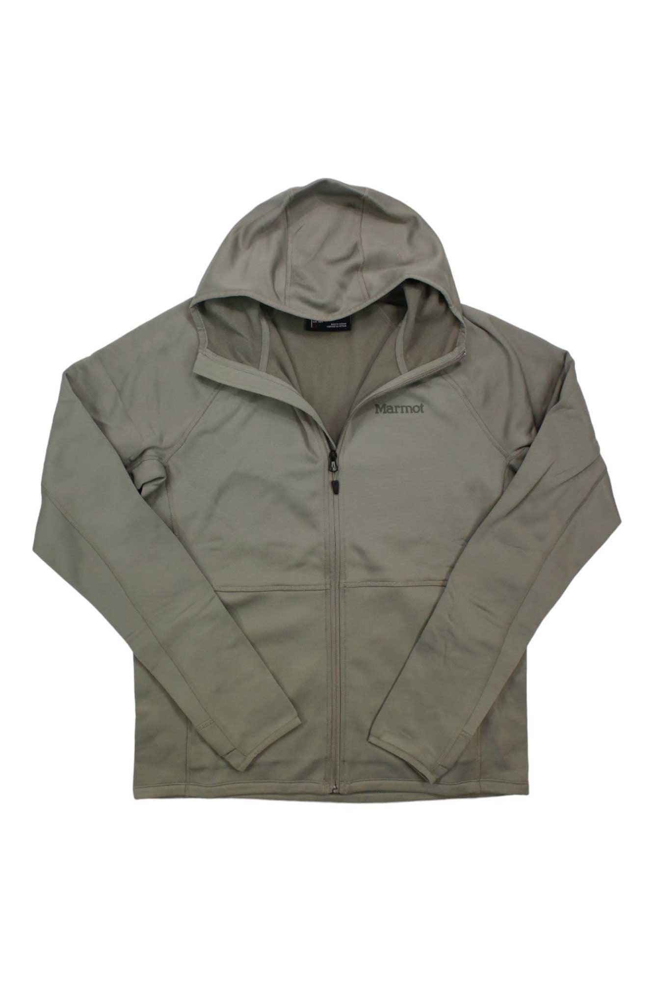 Light olive green Men's Olden Polartec Hoody by Marmot, with a front zipper, long sleeves, and stretch hood, shown flat on a white background. "Marmot" branding appears on the left chest.