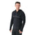 A man with short dark hair wears a black Smartwool Mens Intraknit Merino Tech 1/2 Zip Hoodie, featuring ribbed shoulders and a chest stripe, smiling against a white background—ideal for outdoor activities.