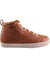 The Saola Women's Wanaka Shoe is a brown leather high-top sneaker made from recycled materials, featuring white laces and a beige rubber sole, shown in profile view facing left.