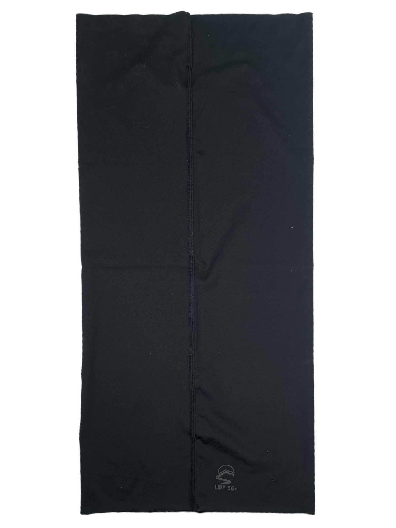 The Sunday Afternoons UVShield Cool Gaiter features black fabric with a vertical seam, a small logo, and UPF 50+ text in one corner—ideal for fans seeking stylish sun protection.