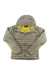 The Marmot Womens Hype Down Hoody is a light gray down jacket with 800 fill goose down insulation, a hood, yellow inner lining, front zipper, and is shown laid flat with sleeves slightly spread.