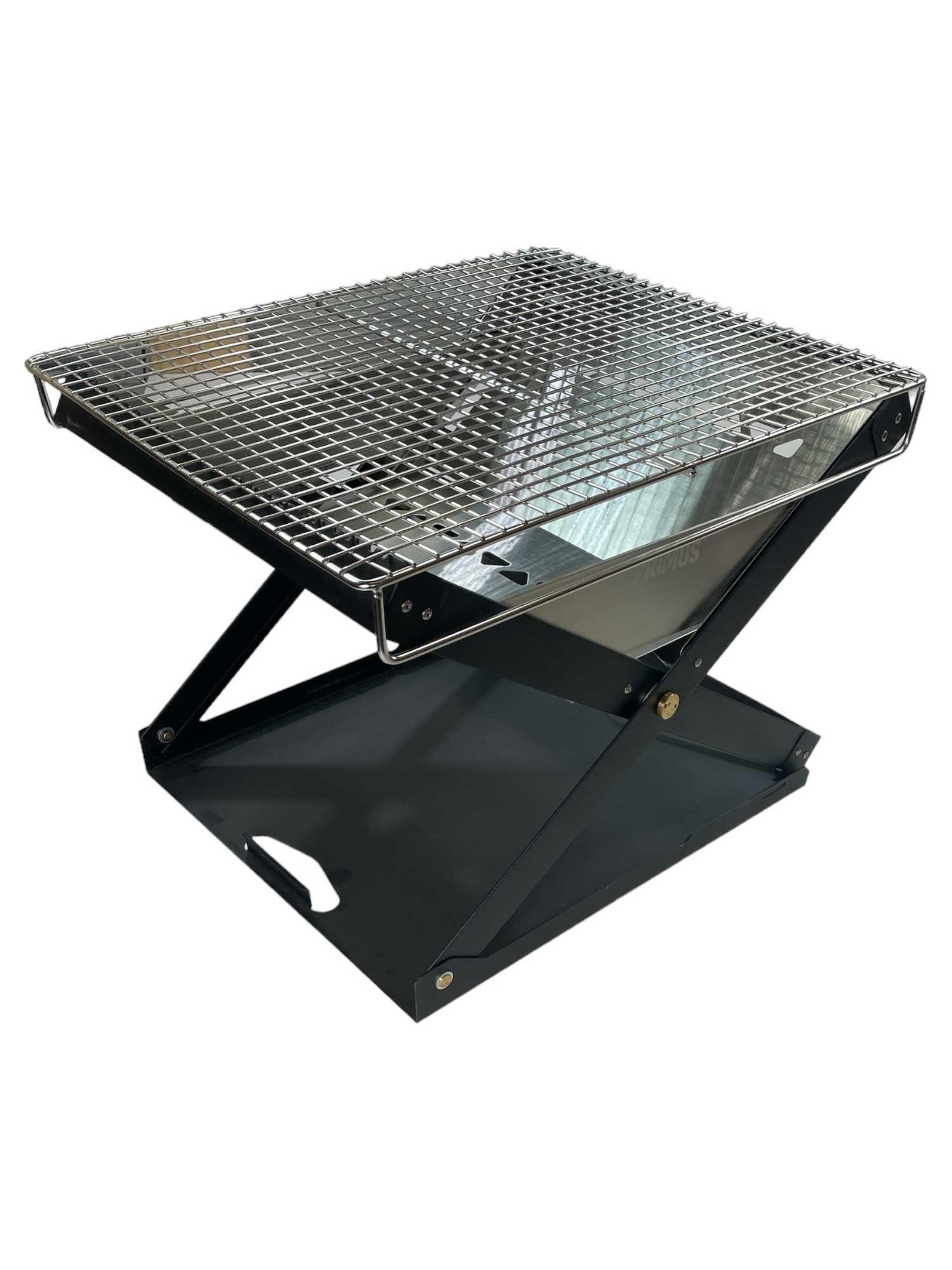 Foldable open fire pit with black base and square wire cooking grate