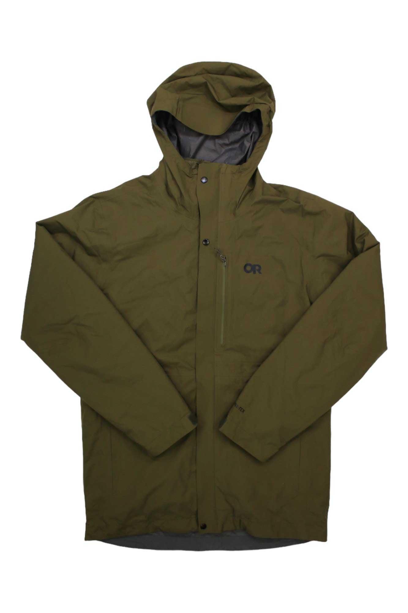 The Outdoor Research Mens Foray 3-In-1 Parka, in olive green, features waterproof insulation, long sleeves, a front zipper, chest pocket, and OR logo on the left chest, shown against a white background.
