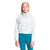 A young girl with long blonde braid wears The North Face Girls Osolita Full Zip Jacket in light blue, made from recycled polyester fleece, and teal pants, standing against a plain white background facing the camera.