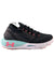 The Under Armour Women's HOVR Phantom 2 Inknt PS Shoe is a black running shoe with a teal and white speckled sole, pink laces, and a pink heel logo. It features UA HOVR technology, a textured upper, and a handy pull tab for easy wear.