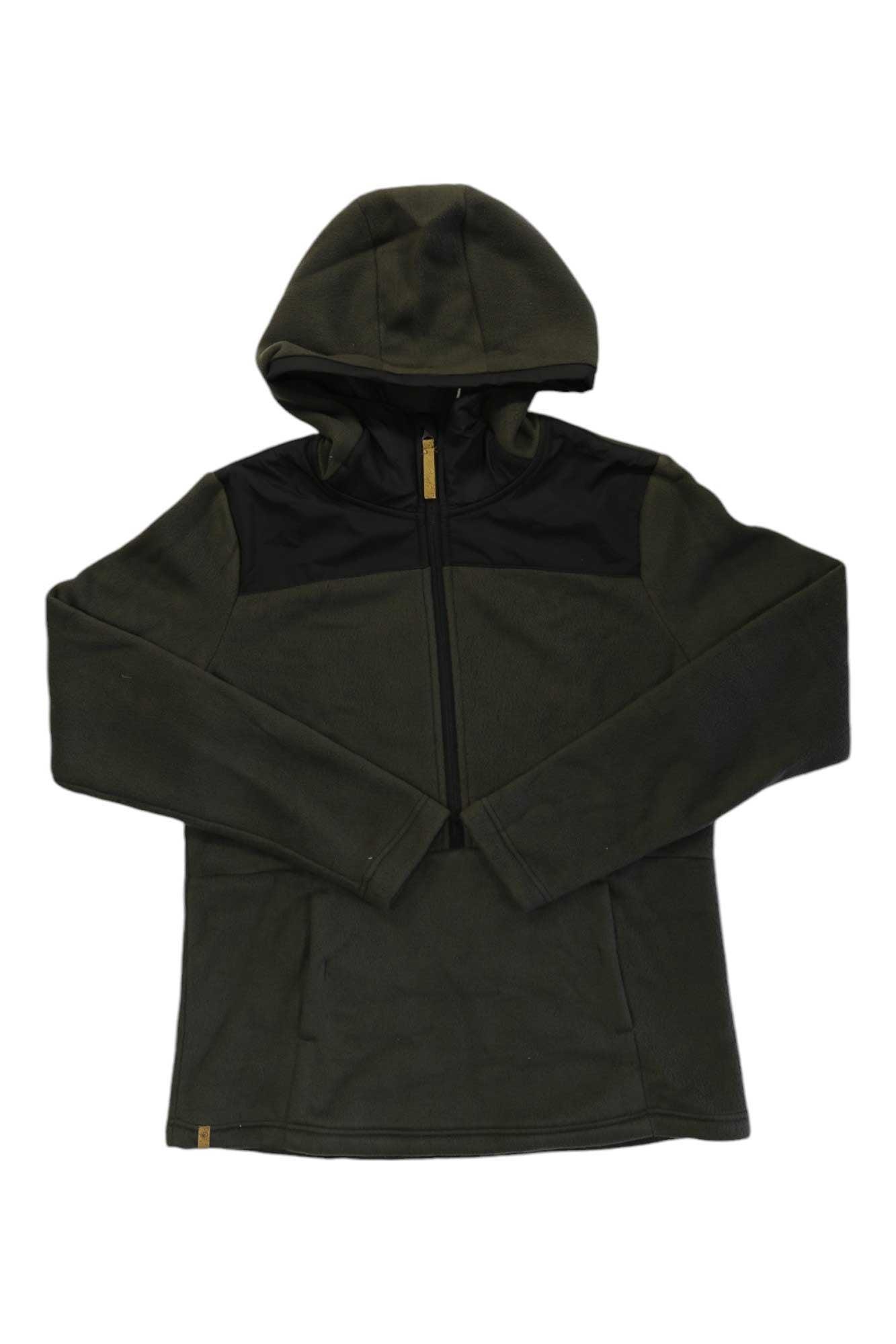 The Tentree Womens Kaluchha 1/2 Zip Hoodie, in dark green with black shoulder panels, long sleeves, front half-zip, and side pockets, is displayed flat on a white background.