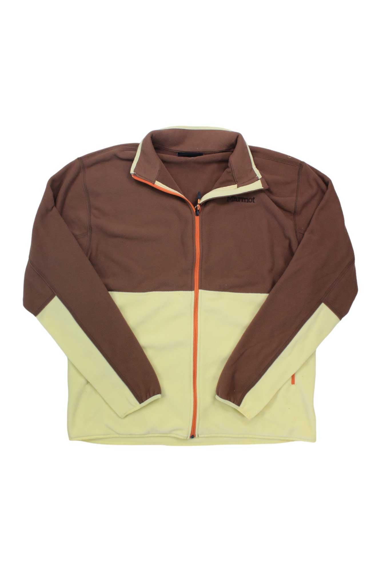 The Mens Rocklin Full-Zip Jacket is a brown and beige fleece made from recycled polyester with long sleeves, a high collar, and orange zipper accents—ideal for hiking. Shown flat on a white background.