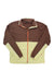 The Mens Rocklin Full-Zip Jacket is a brown and beige fleece made from recycled polyester with long sleeves, a high collar, and orange zipper accents—ideal for hiking. Shown flat on a white background.