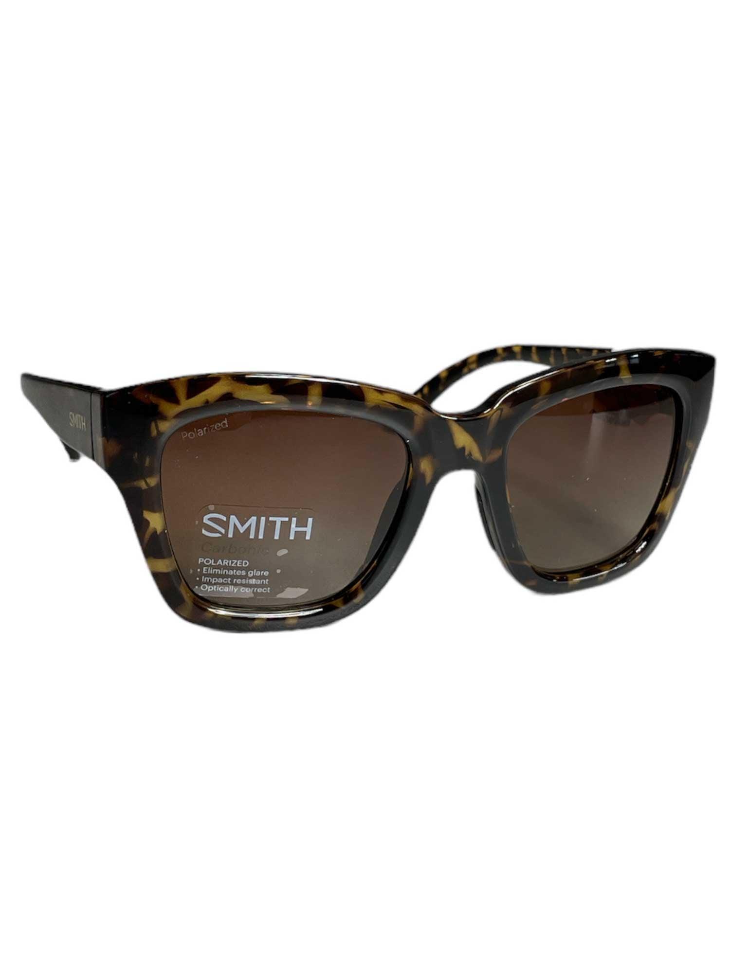 Smith Sway Polarized Sunglasses in a tortoiseshell pattern with ChromaPop polarized lenses, shown angled on a white background. The lightweight, durable frame features the Smith logo on the left lens and temple.