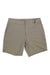The Rhone Men's Resort 8 Inch Short in light beige features belt loops, side pockets, a front button closure, breathable stretch fabric, and a small red stitched logo near the left pocket. Shorts are laid flat on a white background.