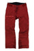 The Norrona Womens Lofoten GORE-TEX Pants are red freeride ski pants with a front button and zip closure, zippered side pocket, and reinforced knees and ankles—laid flat on white, these waterproof pants are perfect for outdoor adventures.