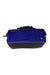 The Osprey Heritage Transporter 45 Duffle Bag is rectangular, made from recycled nylon with a blue top, black bottom, front zipper pocket, sturdy handles, and a logo patch on the front.