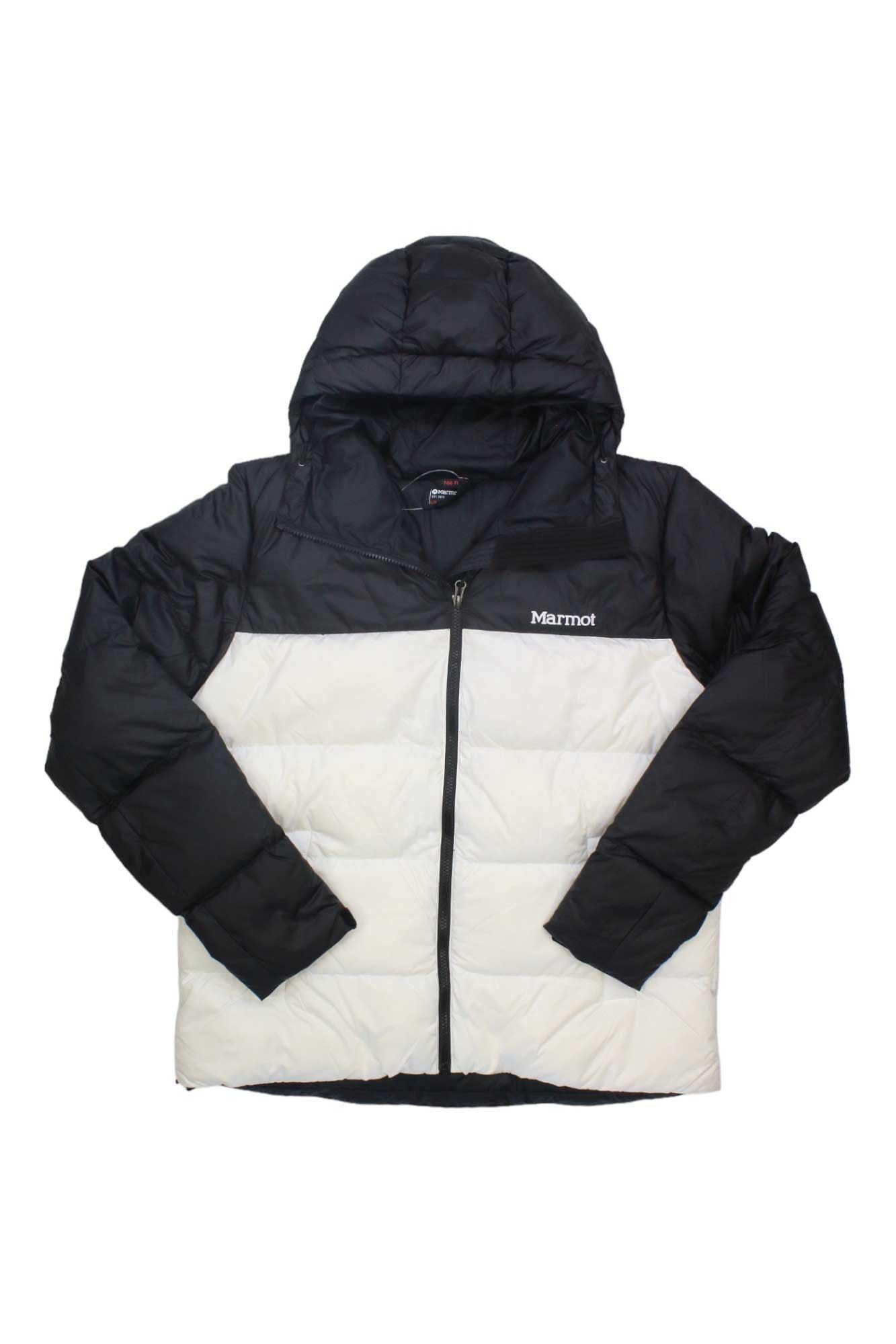 The Marmot Womens Guides Down Hoody is a black and white puffer jacket with a hood, front zipper, Marmot logo on the left chest, and insulated with 700-fill power down.
