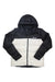 The Marmot Womens Guides Down Hoody is a black and white puffer jacket with a hood, front zipper, Marmot logo on the left chest, and insulated with 700-fill power down.