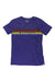 The Cotopaxi Womens On The Horizon T-Shirt is a purple organic cotton tee with a red, orange, and yellow horizontal retro stripe on the chest and the blue Cotopaxi logo and name printed on the front.