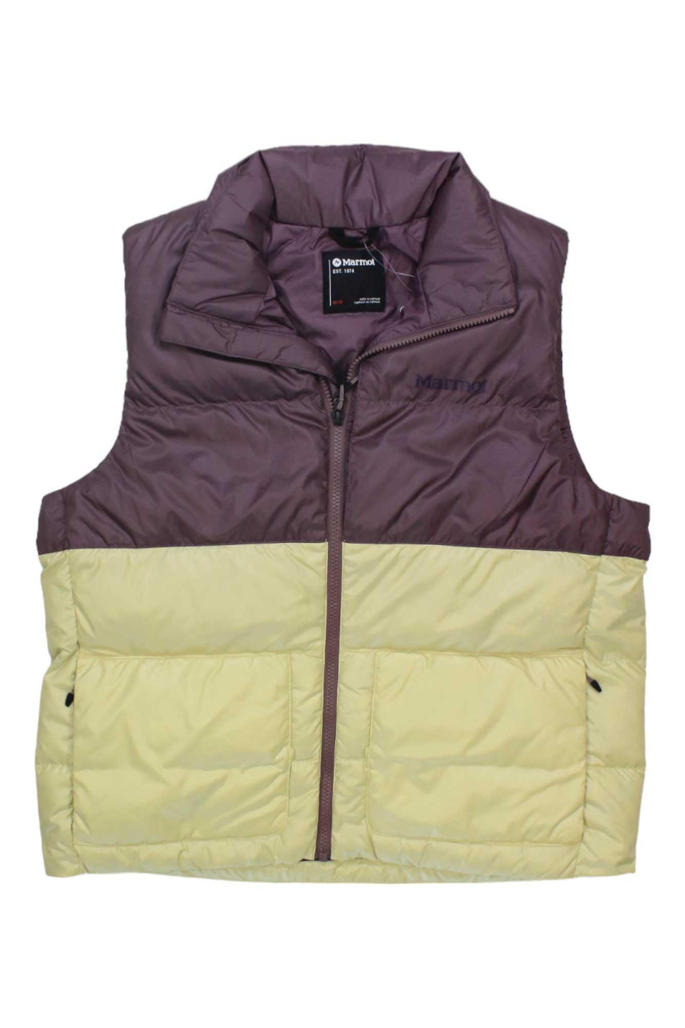 The Marmot Womens Guides Down Vest is a sleeveless insulated vest featuring a maroon upper, light yellow lower section, front zipper closure, and two zippered pockets. The Marmot logo appears on the chest and inside label—ideal for outdoor layering.