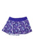 The Tasc Women's Rhythm 13 Inch Skirt is a purple flared athletic skirt with a comfy waistband, floral and leaf print in light blue, lavender, and white, plus built-in compression shorts for extra support.