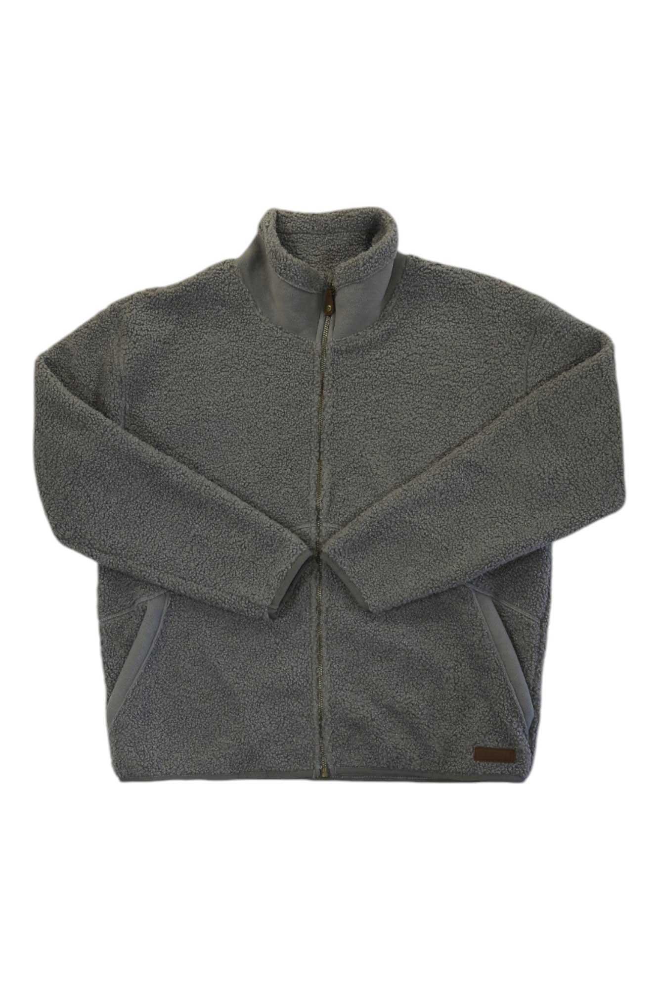 The Sherpa Womens Chamlang Full Zip Jacket, shown in gray and laid flat on a white background, features recycled polyester fleece, long sleeves, a stand-up collar, and two side pockets.
