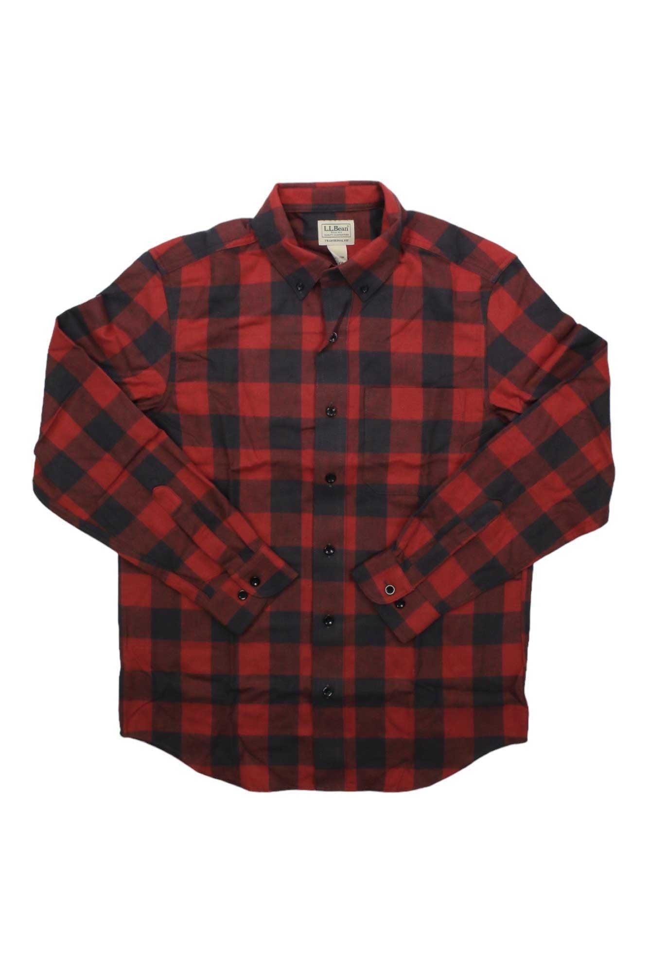 The L.L.Bean Men's Scotch Plaid Flannel Shirt, shown in red and black plaid, is a long-sleeve button-up made from soft Portuguese cotton flannel and displayed flat on a white background.