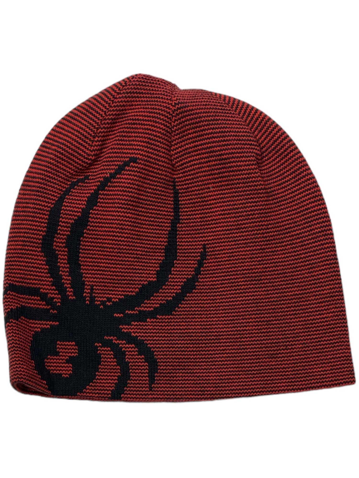The Spyder Boys' Reversible Bug Beanie is a red knit hat with a bold black spider graphic, ideal for kids' activewear or as a boys' snowsports accessory.