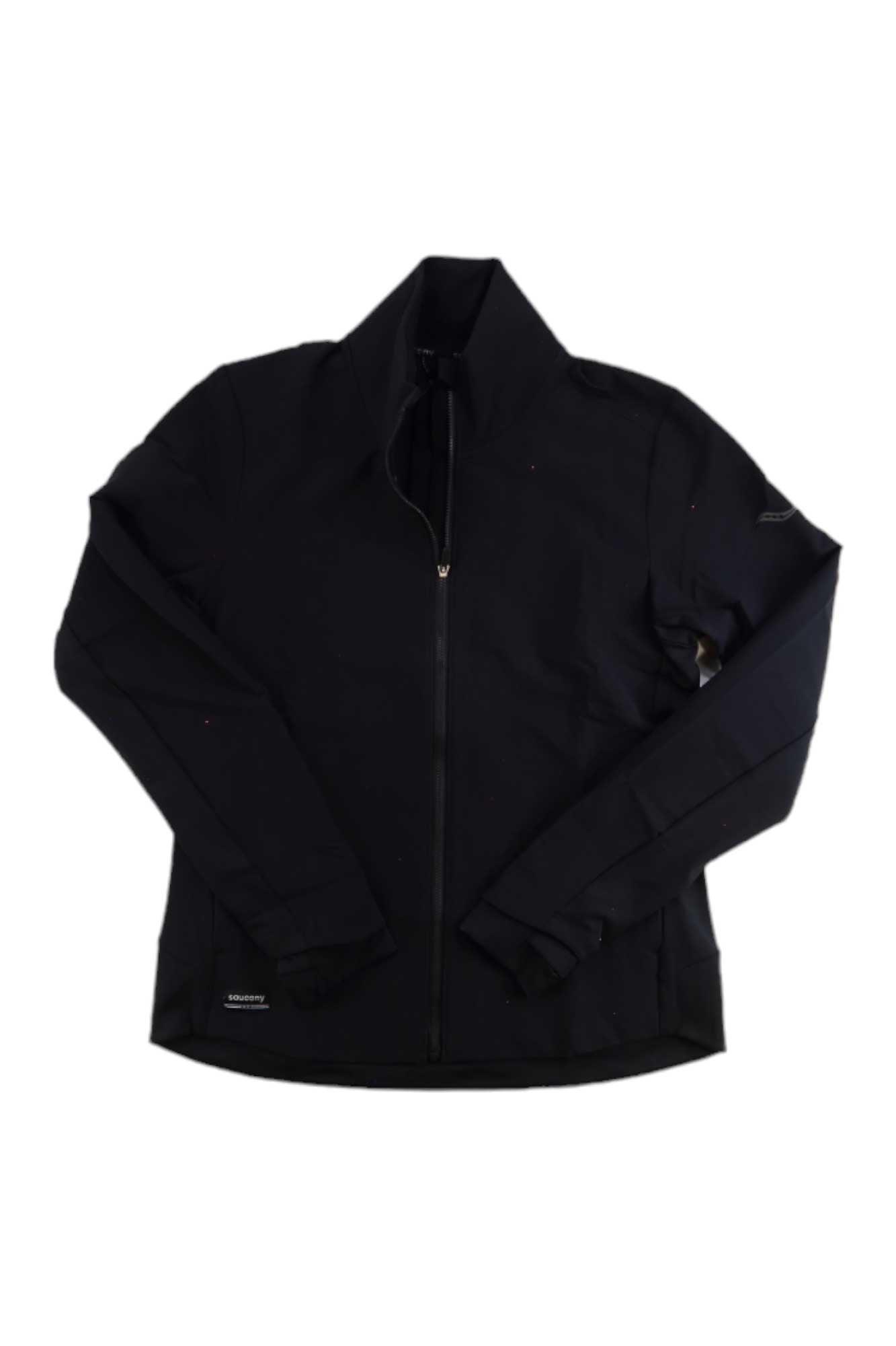 The Saucony Women's Triumph Jacket is a black, long-sleeve, zip-up running jacket with a high collar, shown laid flat on a white background. Wind- and water-resistant, it keeps you comfortable during active days.