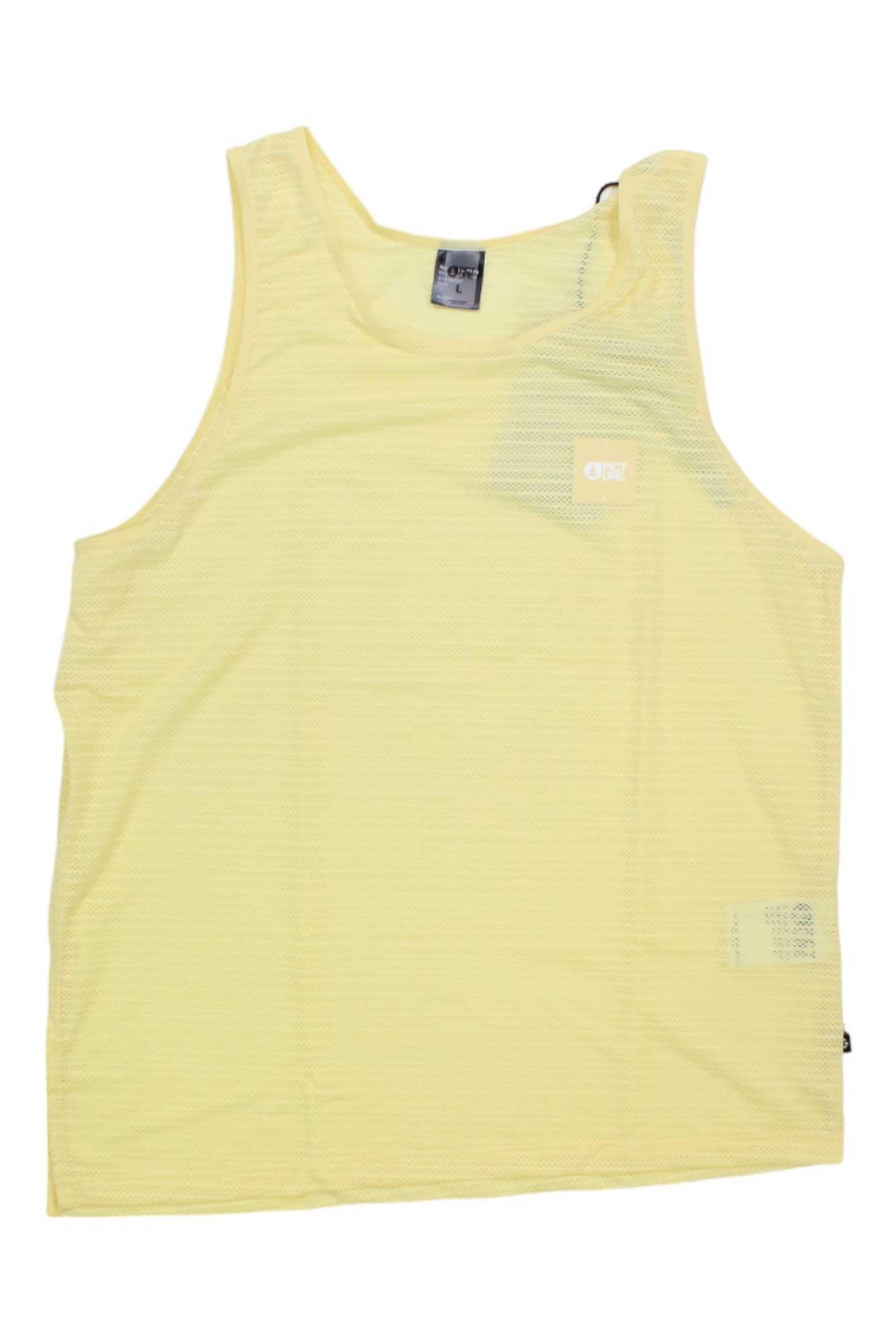 The Picture Women's Oblik Tech Tank is a sleeveless, light yellow UPF50+ top with a subtle textured pattern and a small left chest logo for stylish sun protection, shown laid flat on a white background.